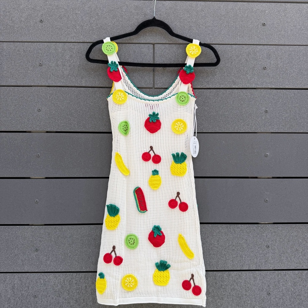 STAUD White Knit Mini Dress with Red, Yellow & Green Fruit Appliqués - Picture 4 of 7